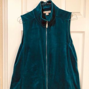 Coldwater Creek 1X Green Turquoise Viridian Velour Vest Zip Closure Pockets.